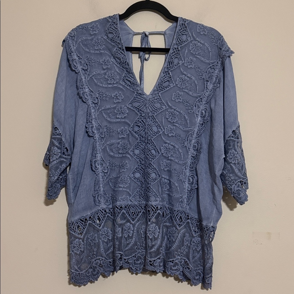Xcvi Elegant Blue Lace Women's Top blouse women M embroidered boho festival Y2K